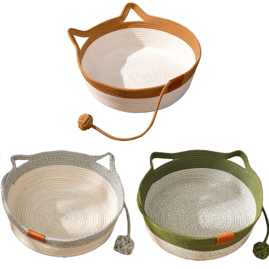 Handwoven Cotton Rope Cat Basket Bed with Teaser – 10 Designs