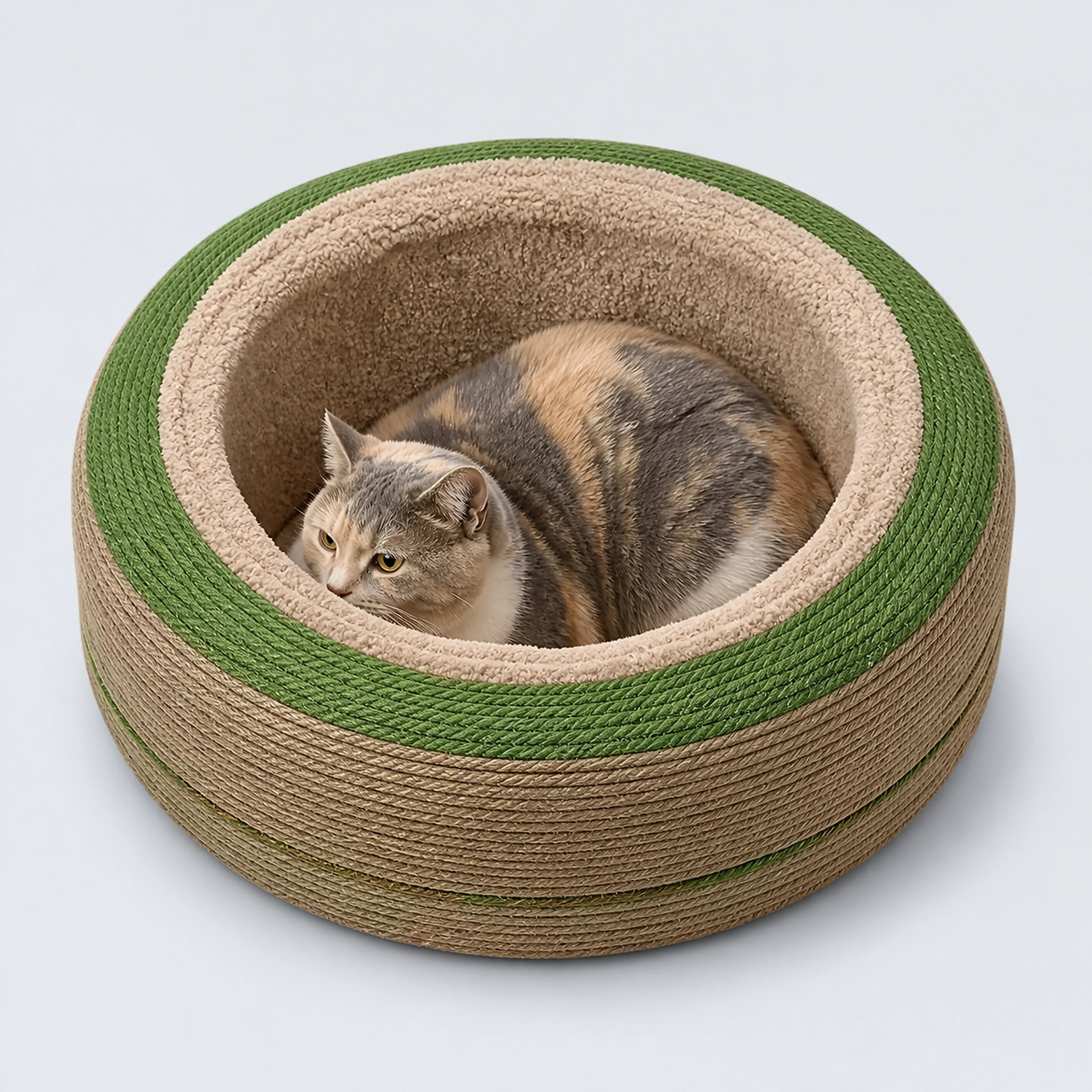 Green and natural-brown donut cat tunnel bed with a cat on a cool gray-blue background