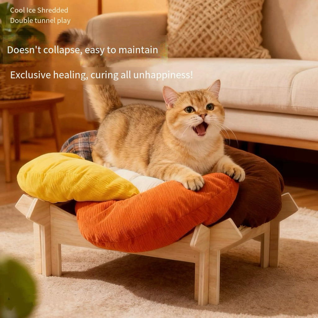 Flower-Shaped Cushioned Cat Lounge with Wooden Base