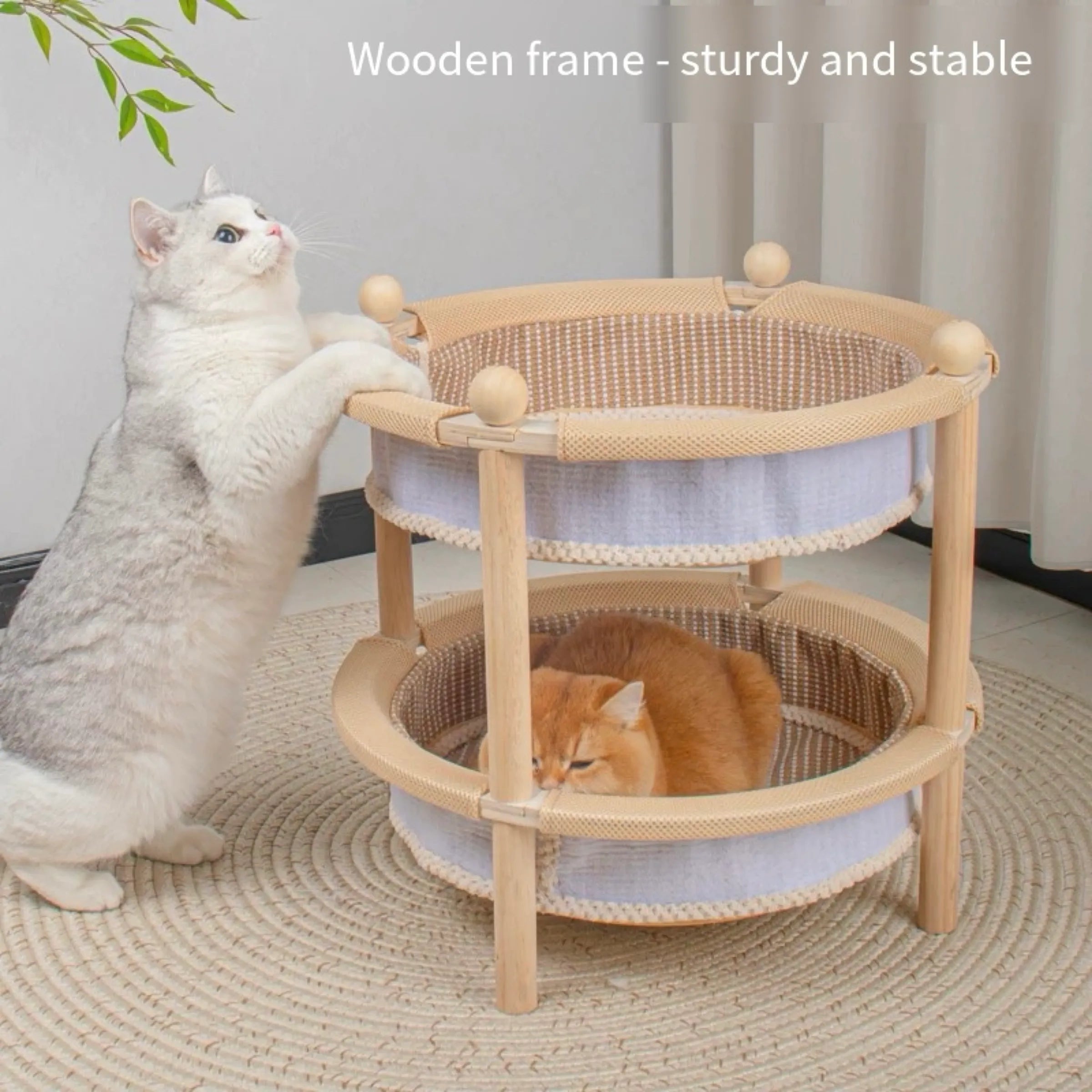 2-Tier Wooden Cat Scratcher Bed with Sisal Mat & Play Ball