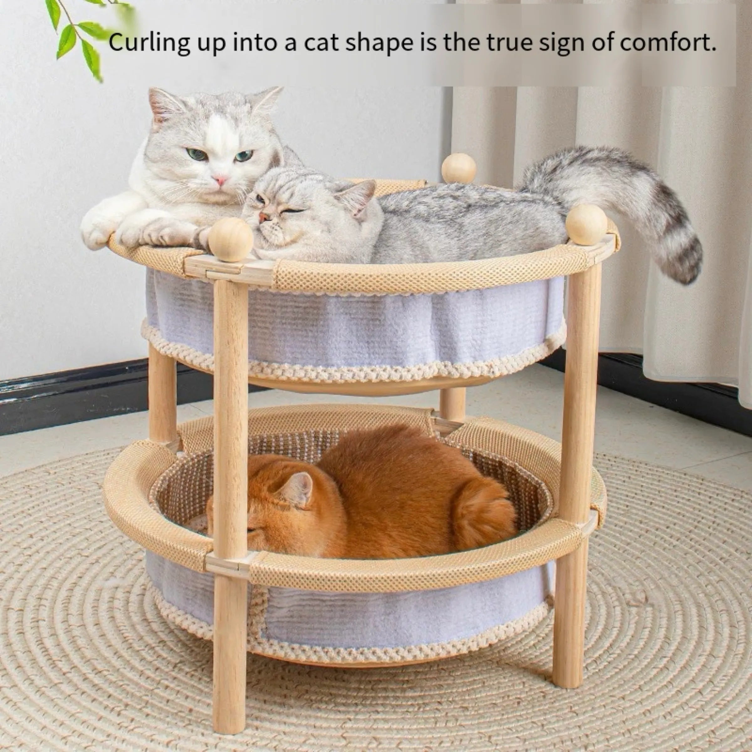 2-Tier Wooden Cat Scratcher Bed with Sisal Mat & Play Ball