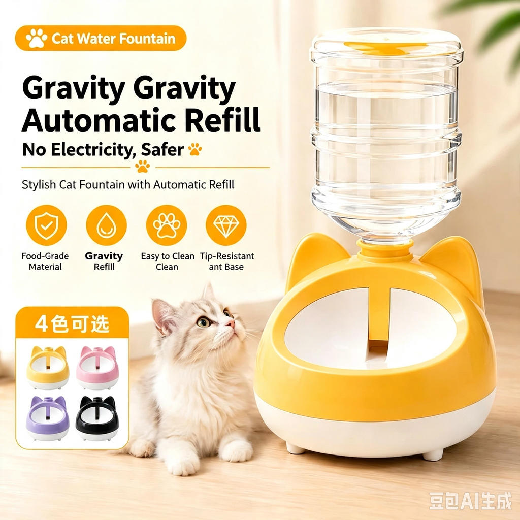 Cat-Ear Gravity Pet Water Dispenser with Weighted Base – 4 Colors