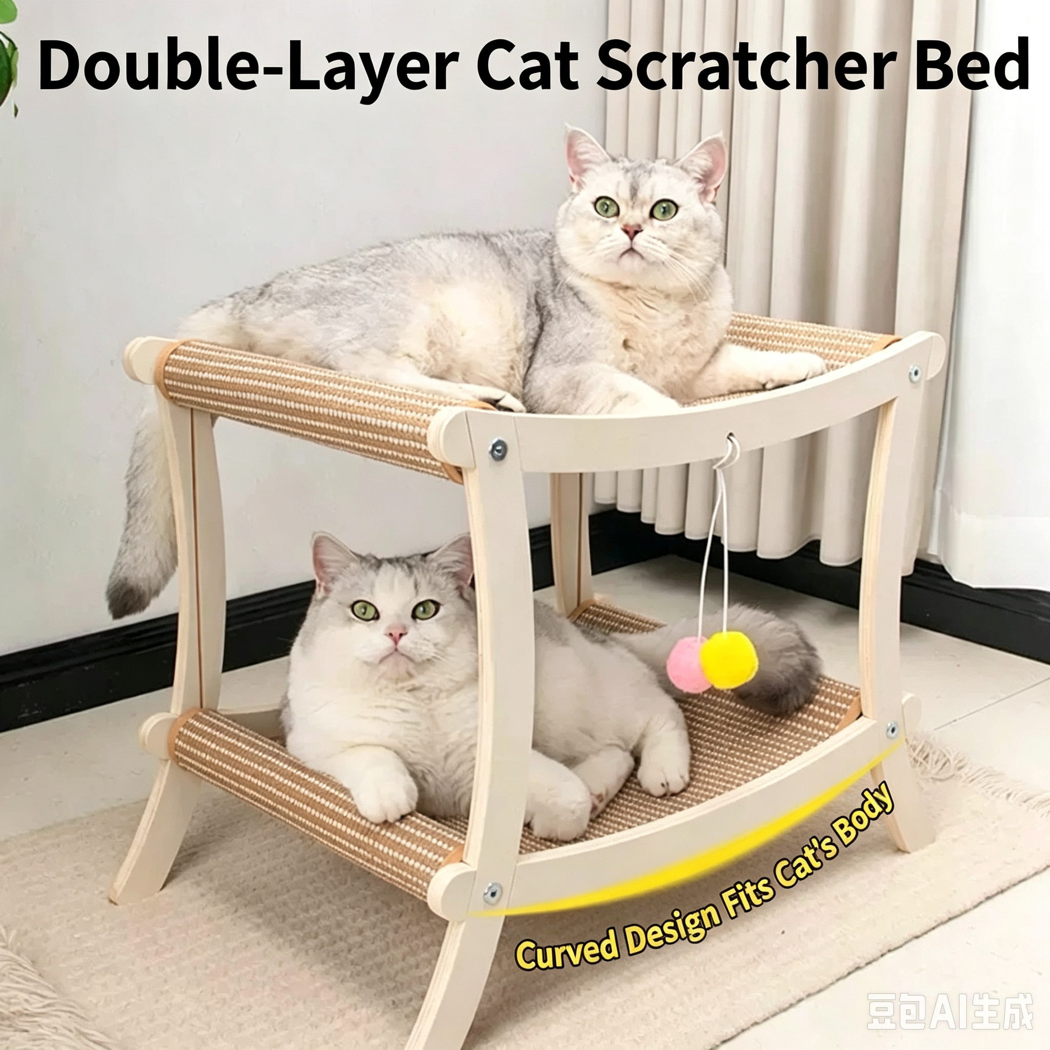 Double-Tier Cat Hammock & Scratcher with Hanging Toys – 2 Styles