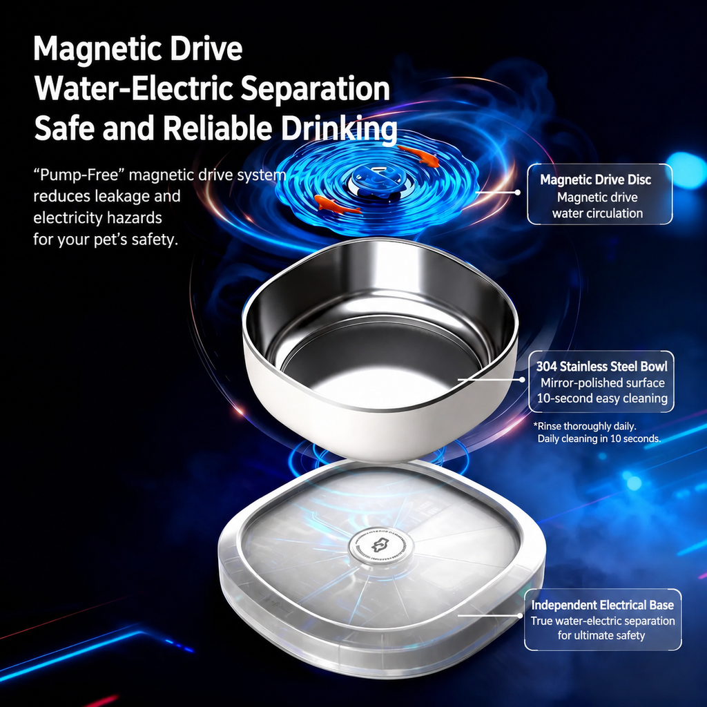 Magnetic-Drive Cat Water Fountain with Stainless Steel Bowl