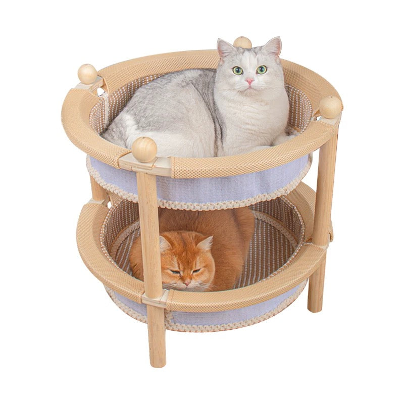 2-Tier Wooden Cat Scratcher Bed with Sisal Mat & Play Ball