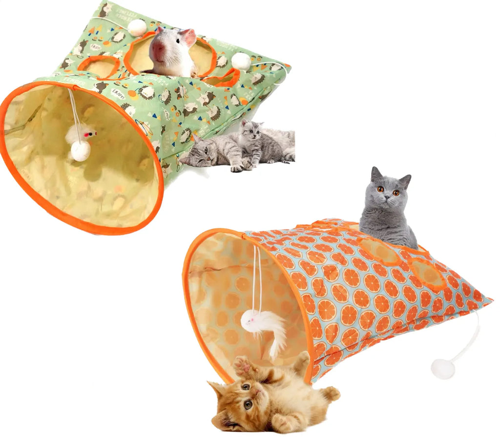 Foldable Cat Play Tunnel with Peek Holes & Hanging Toys