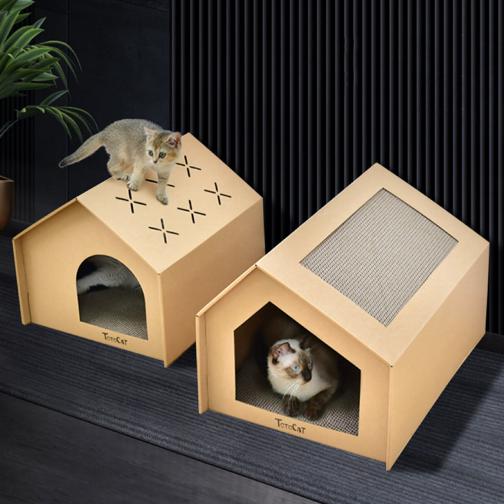 Cardboard Cat House with Integrated Scratching Pad