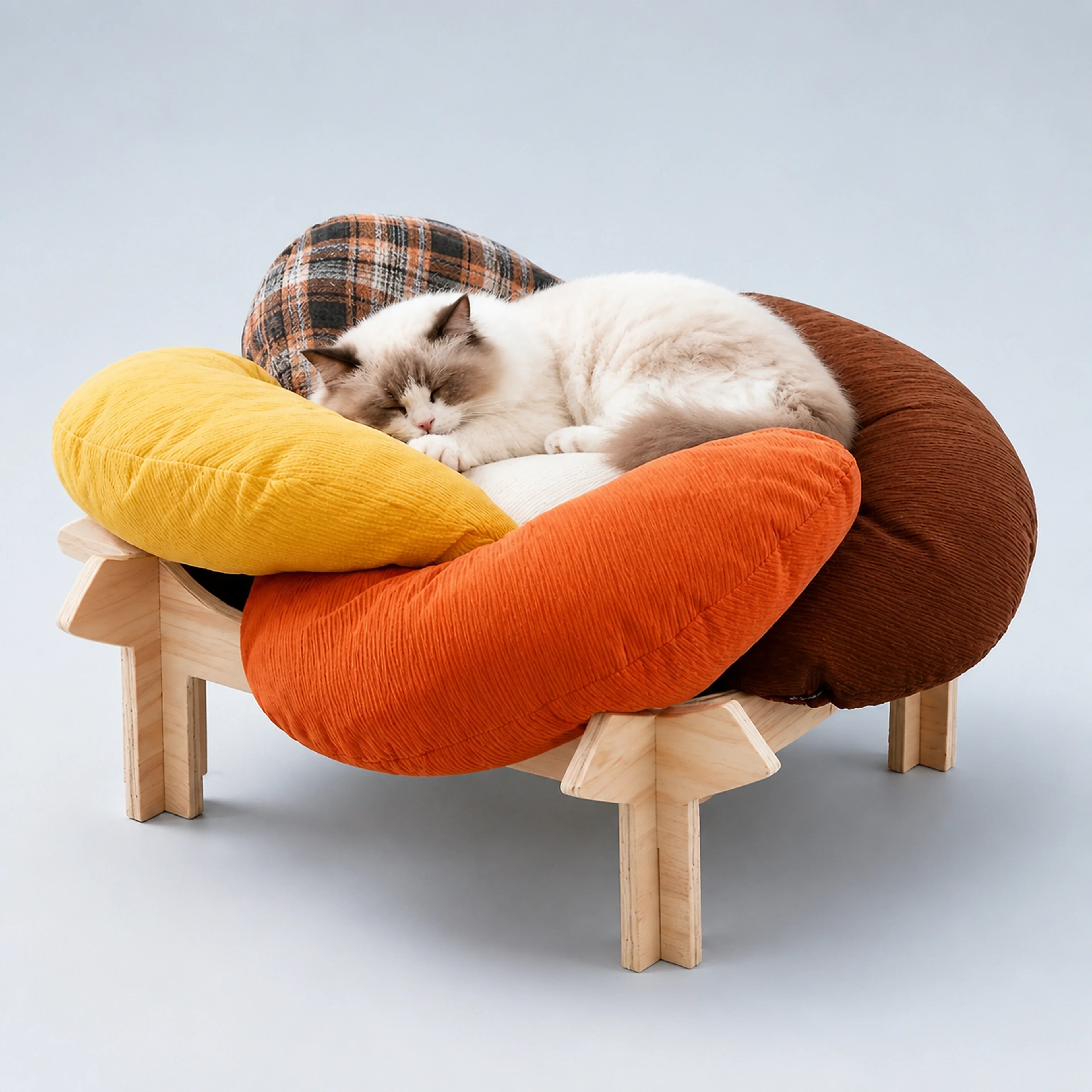 Flower-Shaped Cushioned Cat Lounge with Wooden Base | ALDERKIN
