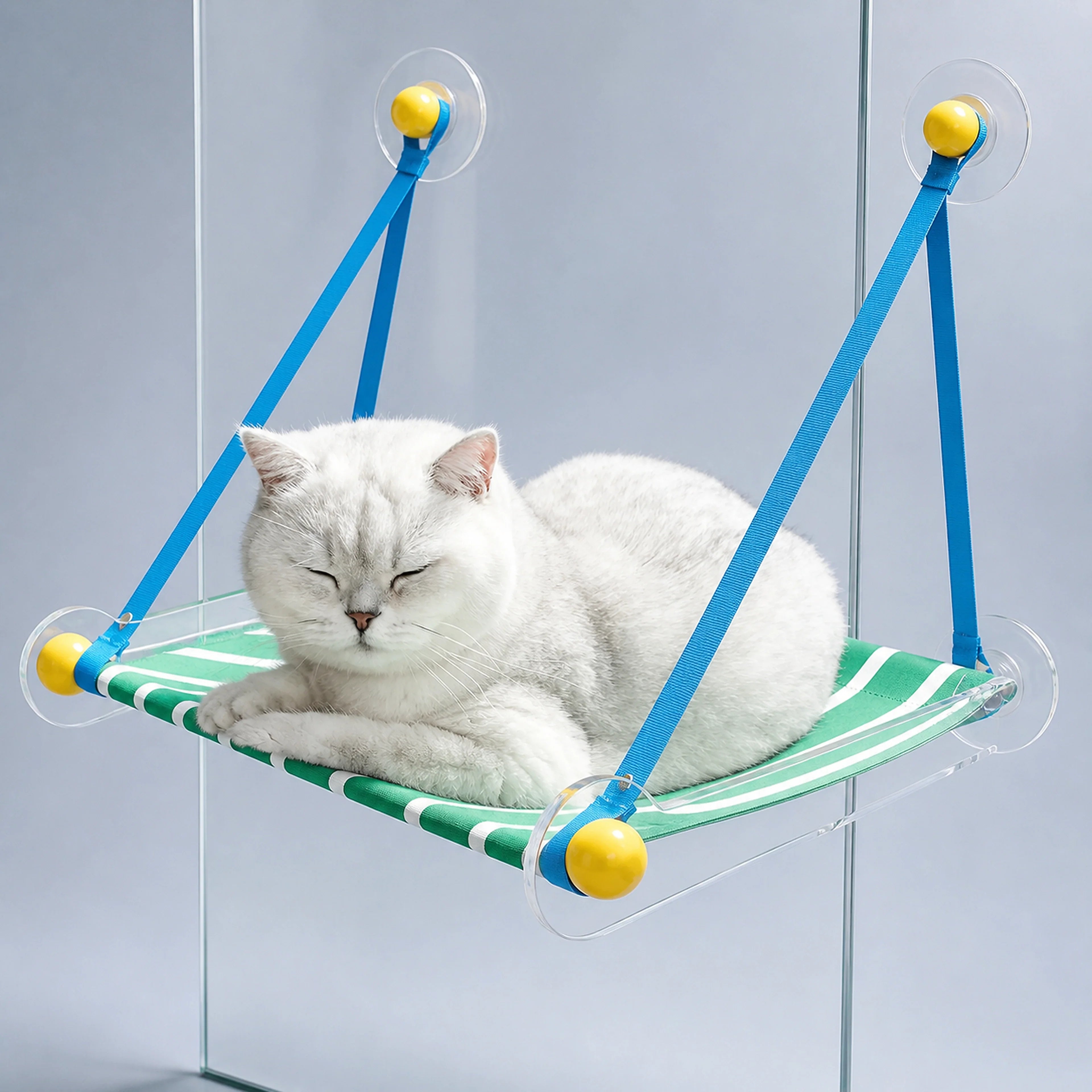 Foldable acrylic cat window hammock with blue straps and a white cat on a cool gray-blue background