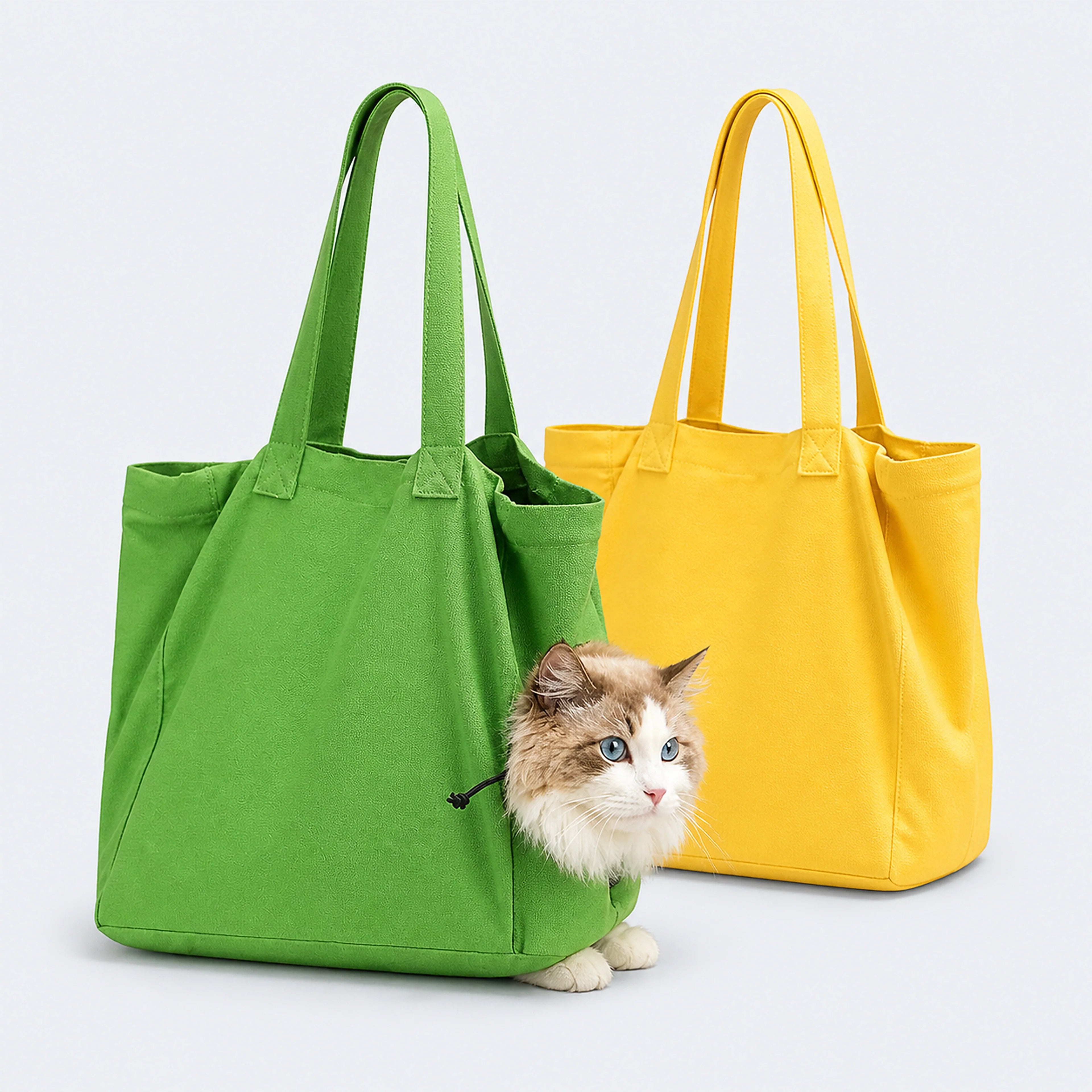 Green and yellow portable cat carrier bags with a cat on a cool gray-blue background