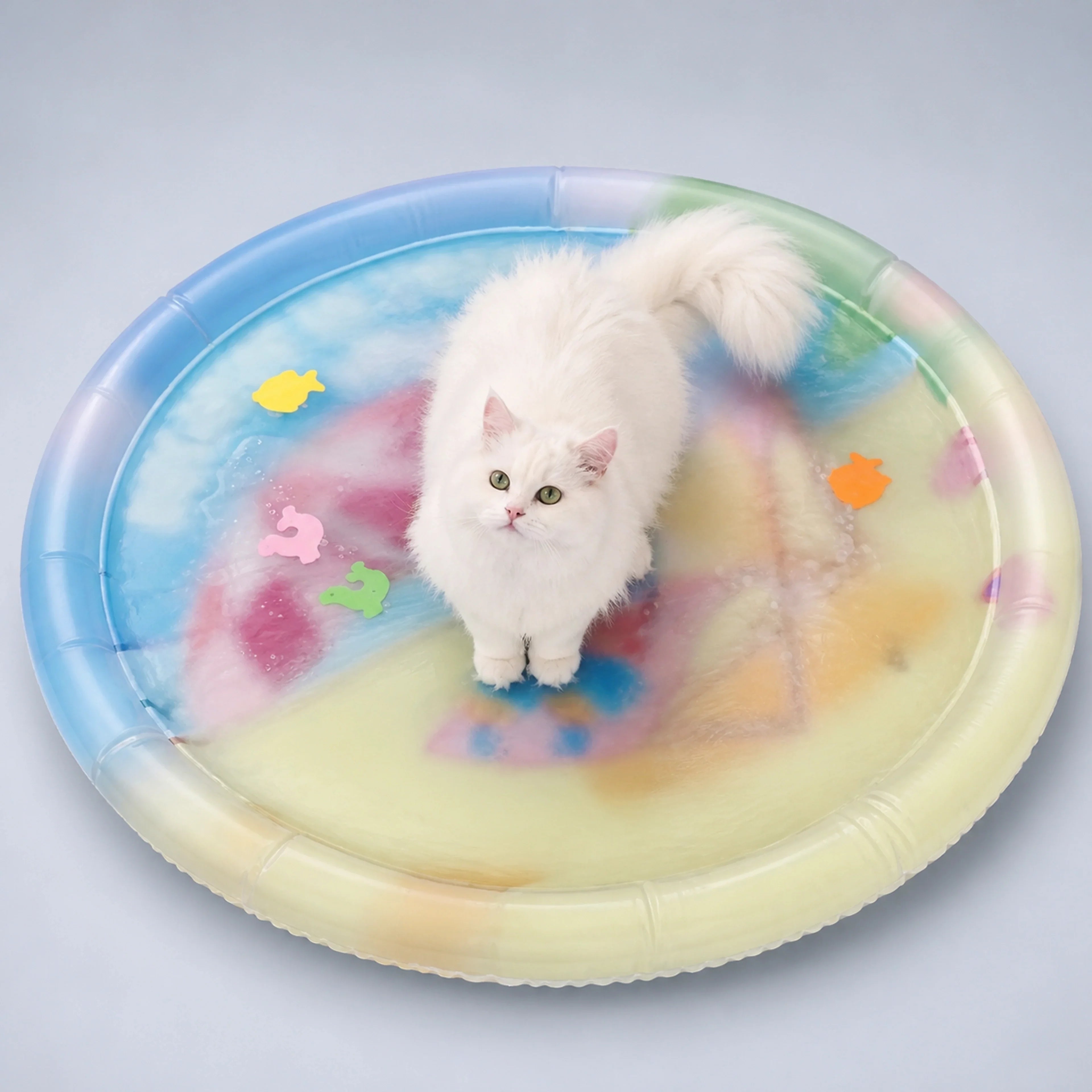 Water-filled sensory play mat with a white cat on a cool gray-blue background