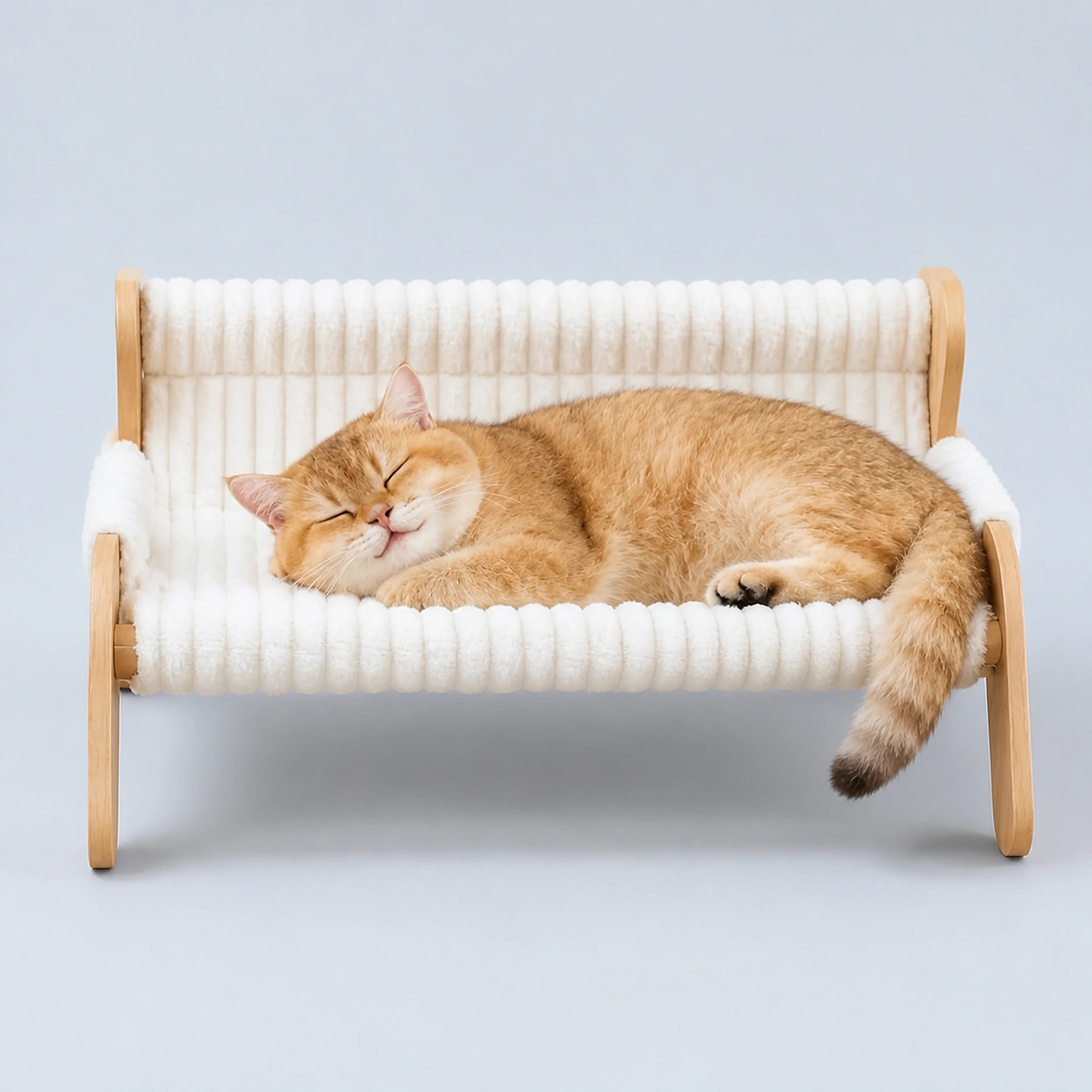 White Plush Cat Hammock with Wooden Frame | ALDERKIN