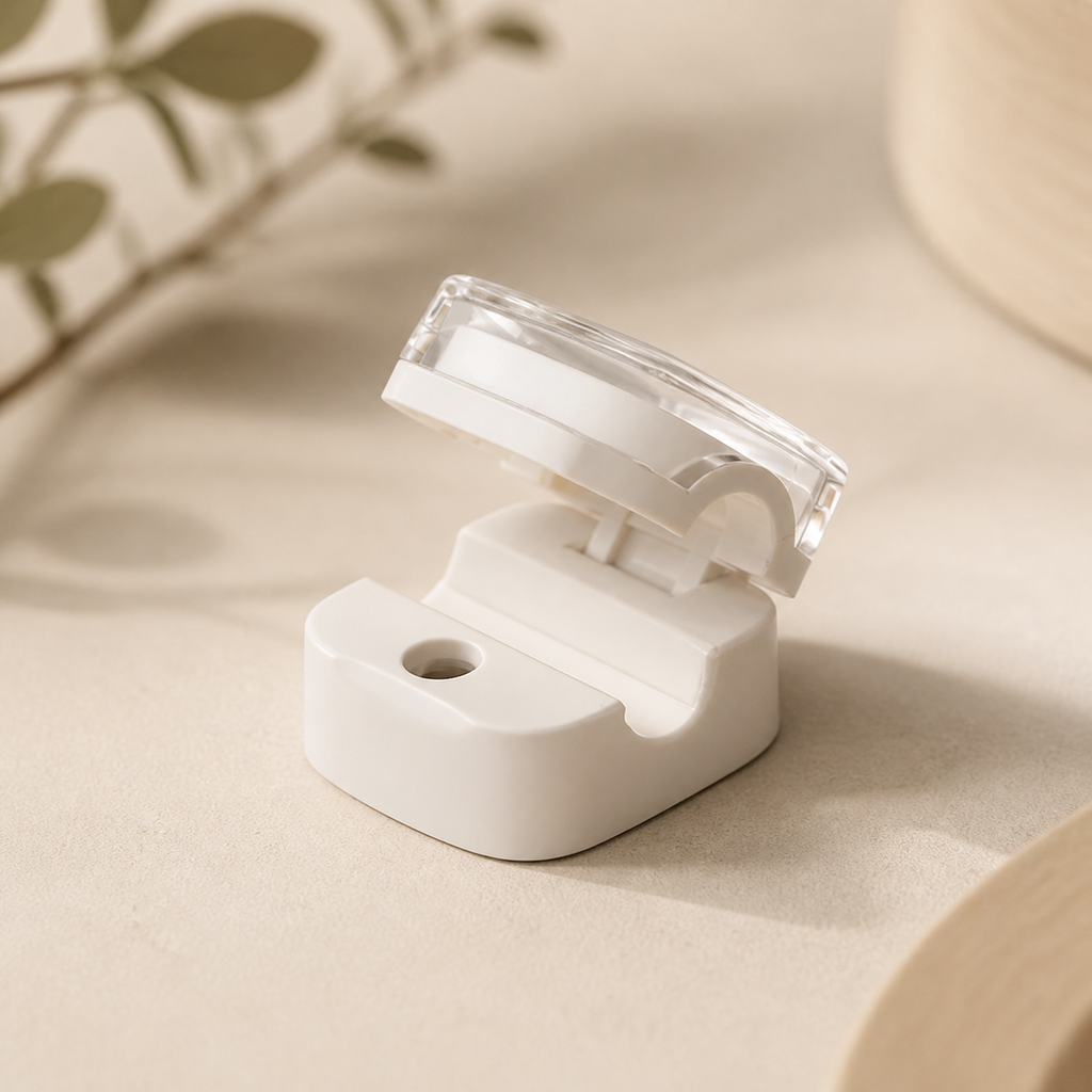 Off-white cable organizer clip in a tidy neutral bedside setting