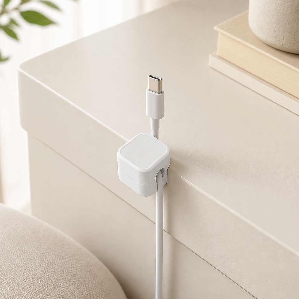 Off-white cable organizer clip holding a cable at a desk edge