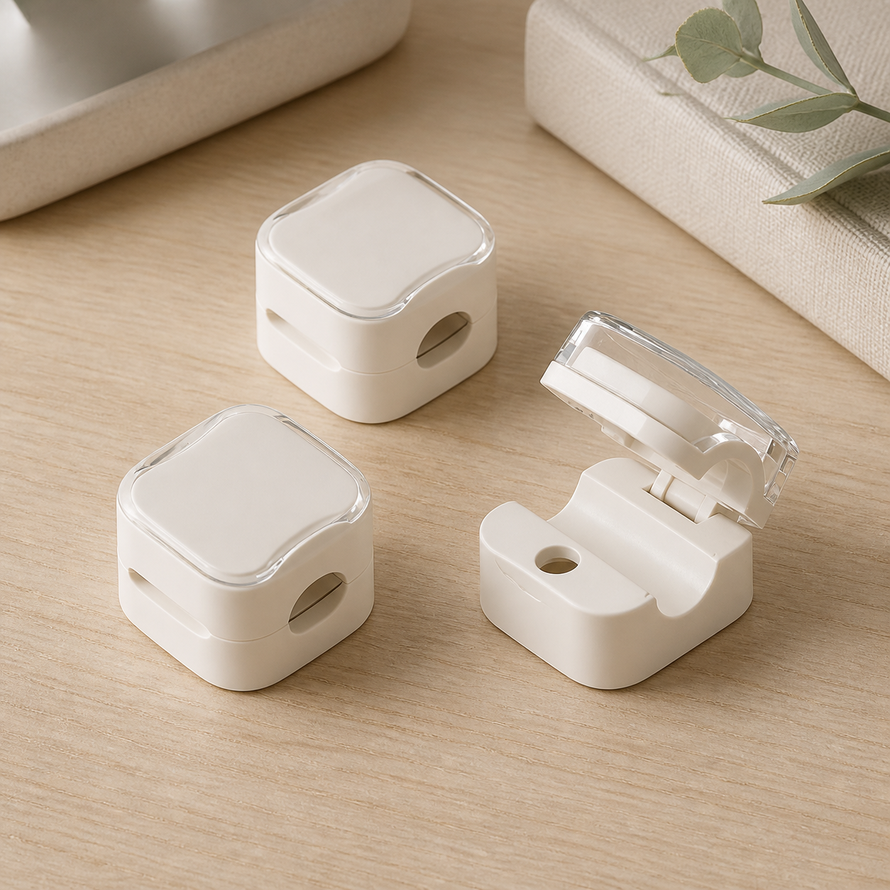 Off-white cable organizer clip with open clear lid