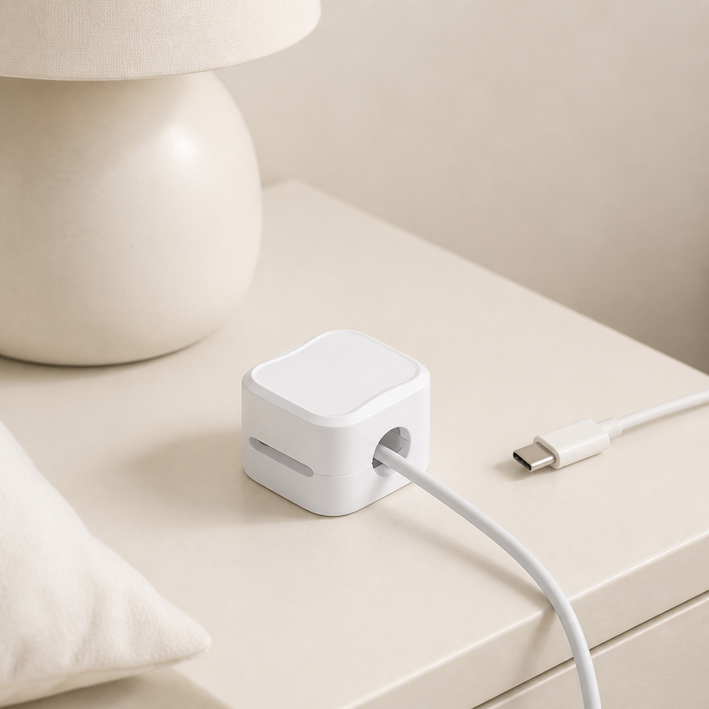 Open off-white cable organizer clip, close-up