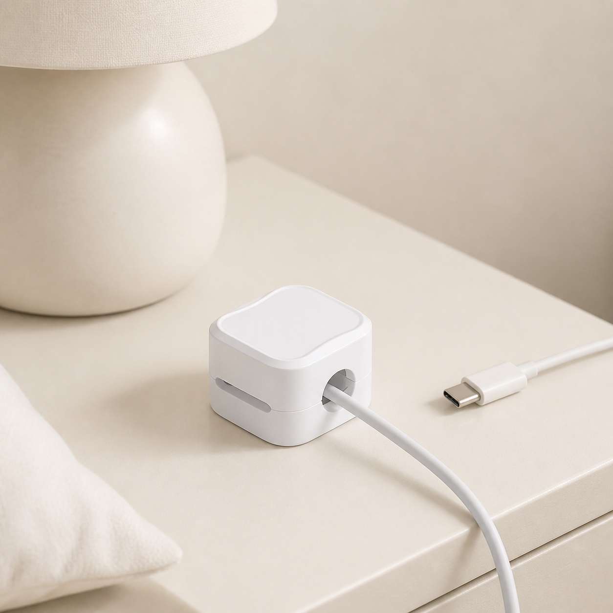 Open off-white cable organizer clip, close-up