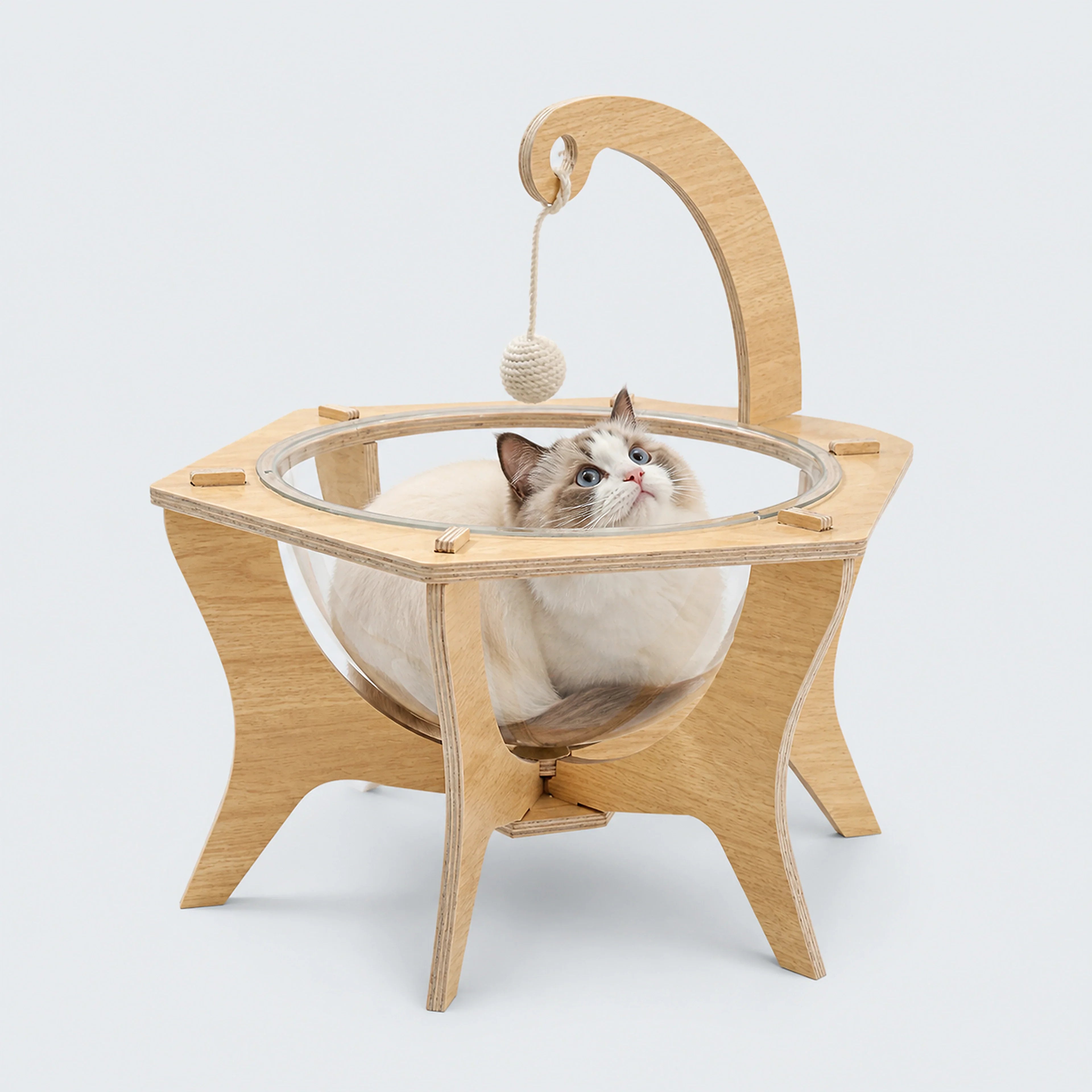 Wooden Space Capsule Cat Bed with Clear Bubble | ALDERKIN